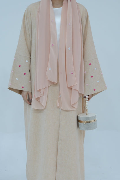 Hasna Heart Pattern Embroidery Linen Modest Open Abaya 712 - Khaki