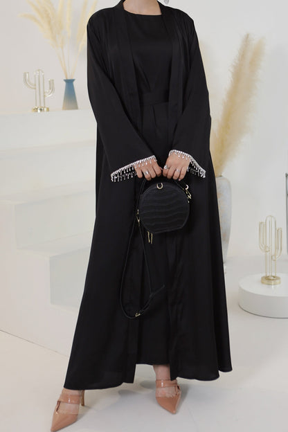 Luna 2PCS Crystal Beads Sleeves Satin Abaya Set with Crystal Chain - Black