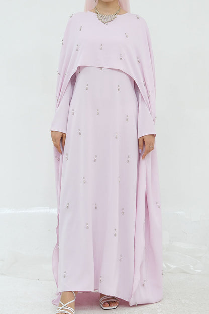Aureya Solid Crystal-Embellished Faux Two-Piece Abaya 997 – Pink