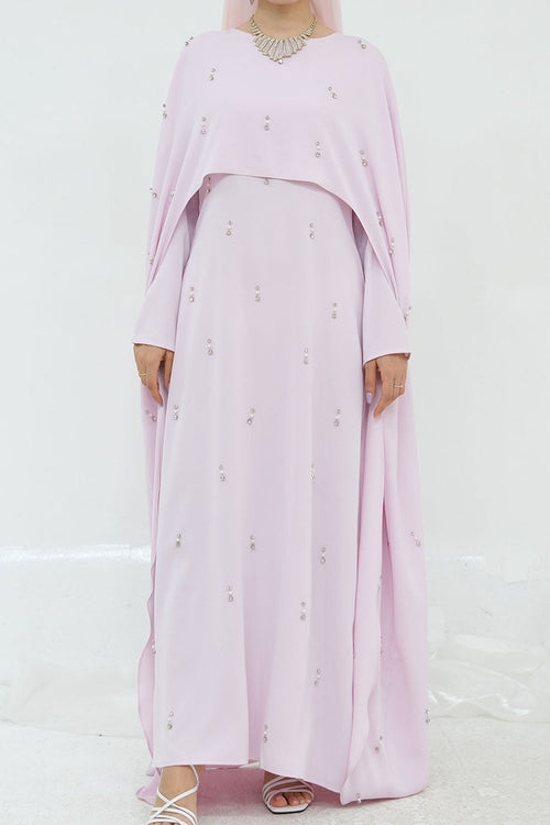 Aureya Solid Crystal-Embellished Faux Two-Piece Abaya 997 – Pink