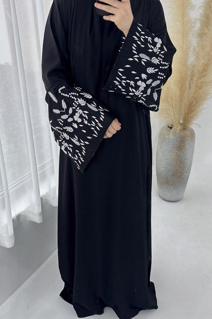 Seraya Leaf Embroidered Elegant Abaya Dress 769 – Black