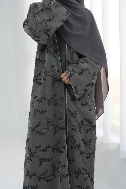 Meadowe Full Embroidered Mesh Open Abaya 1075 – Grey