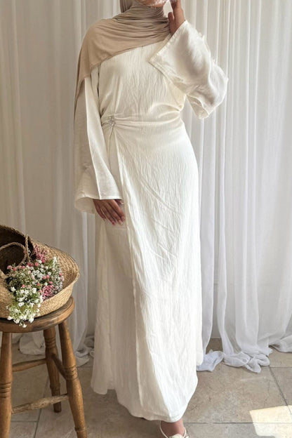 Velora Elegant Ruched Maxi Dress Abaya 1077 – White