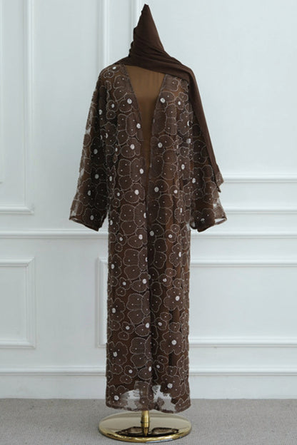Auralis 3D Floral Beaded Mesh Open Abaya 1069 – Coffee