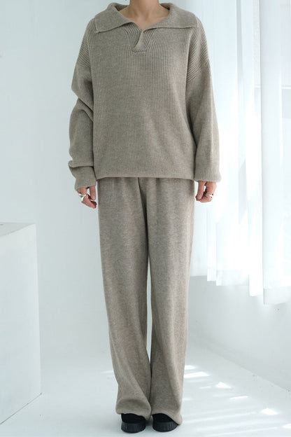 Monara Collared Thick-Knit Two-Piece Modest Set 008 – Oatmeal