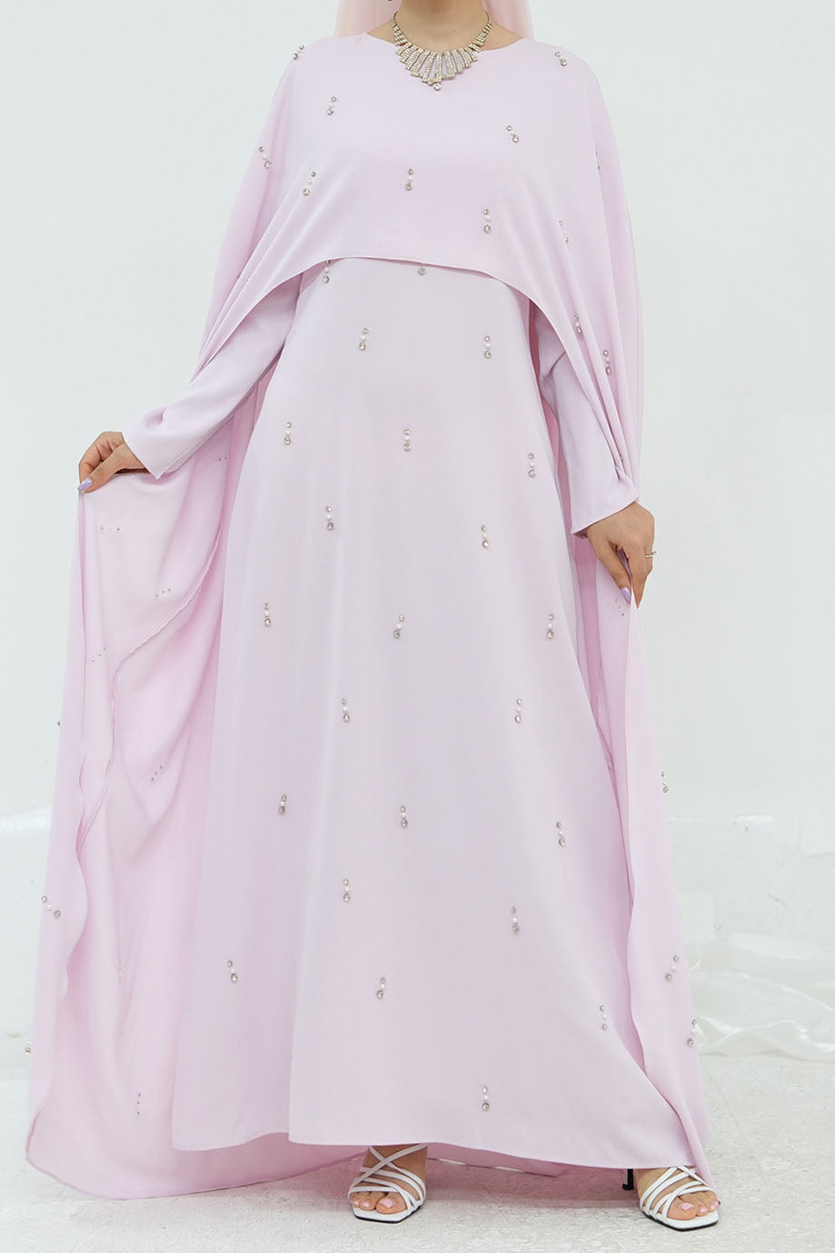 Aureya Solid Crystal-Embellished Faux Two-Piece Abaya 997 – Pink