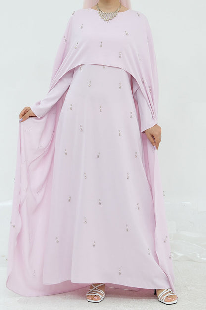 Aureya Solid Crystal-Embellished Faux Two-Piece Abaya 997 – Pink