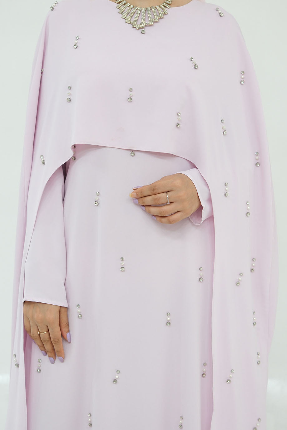 Aureya Solid Crystal-Embellished Faux Two-Piece Abaya 997 – Pink