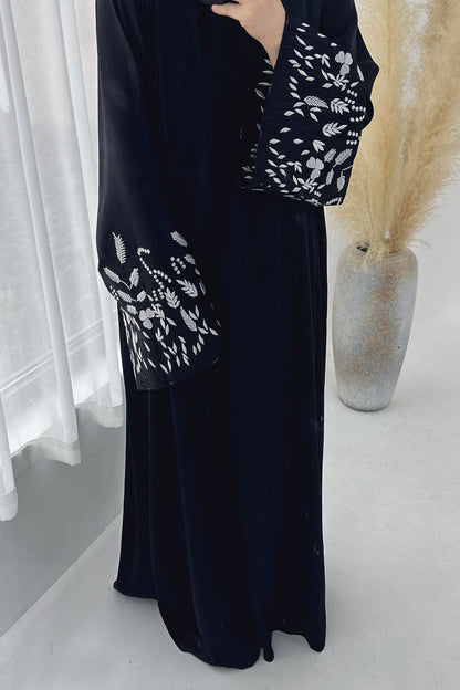 Seraya Leaf Embroidered Elegant Abaya Dress 769 – Black