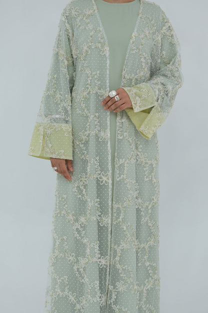 Vionne 3D Floral Mesh Open Abaya 1074 – Green