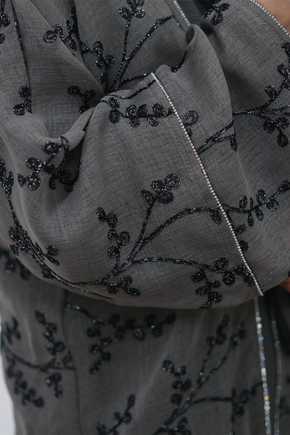 Meadowe Full Embroidered Mesh Open Abaya 1075 – Grey