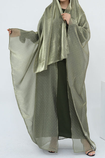 Luminous Sparkle-Drape Elegant Open Abaya 1026 – Army Green