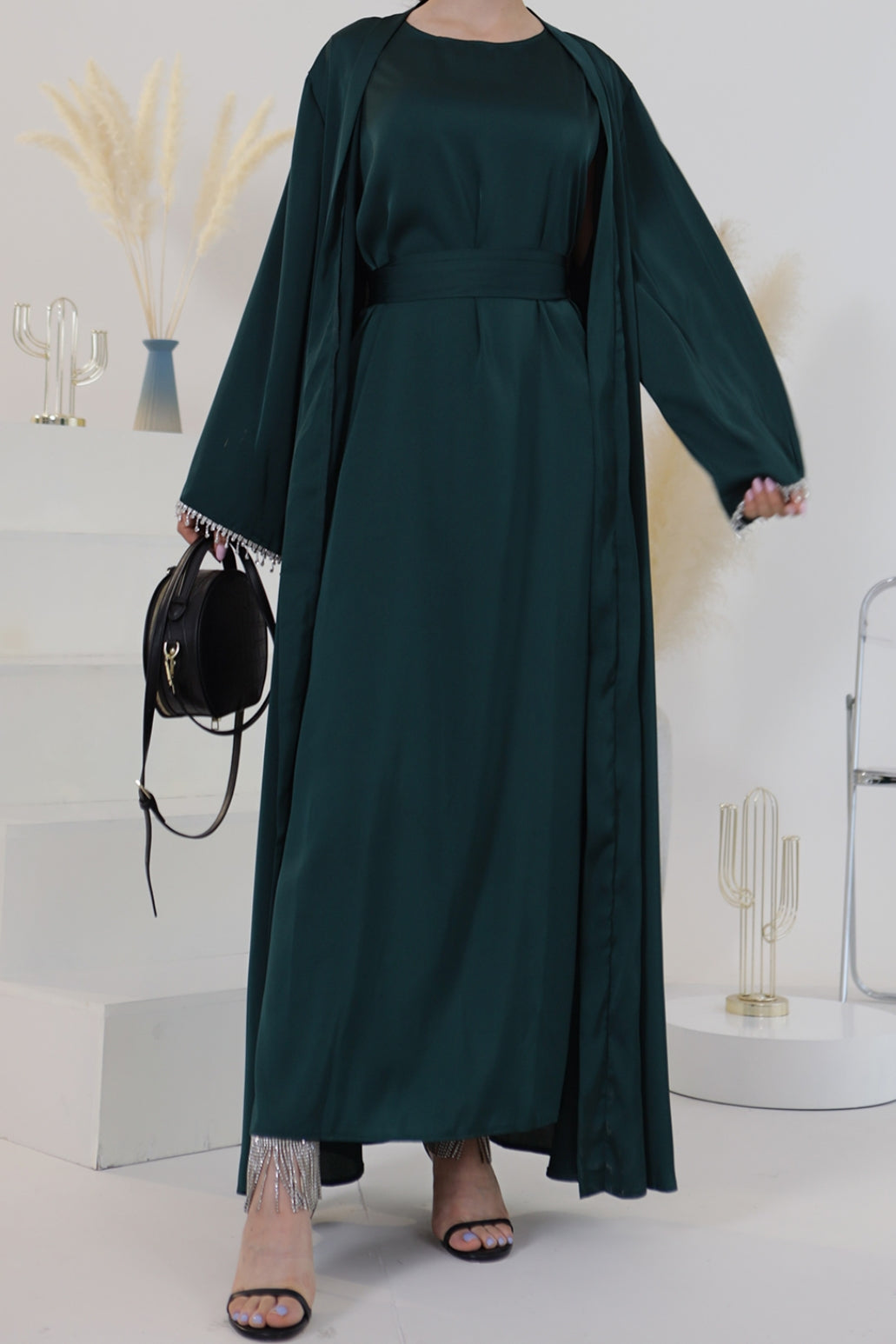 Luna 2PCS Crystal Beads Sleeves Satin Abaya Set with Crystal Chain - Dark Green