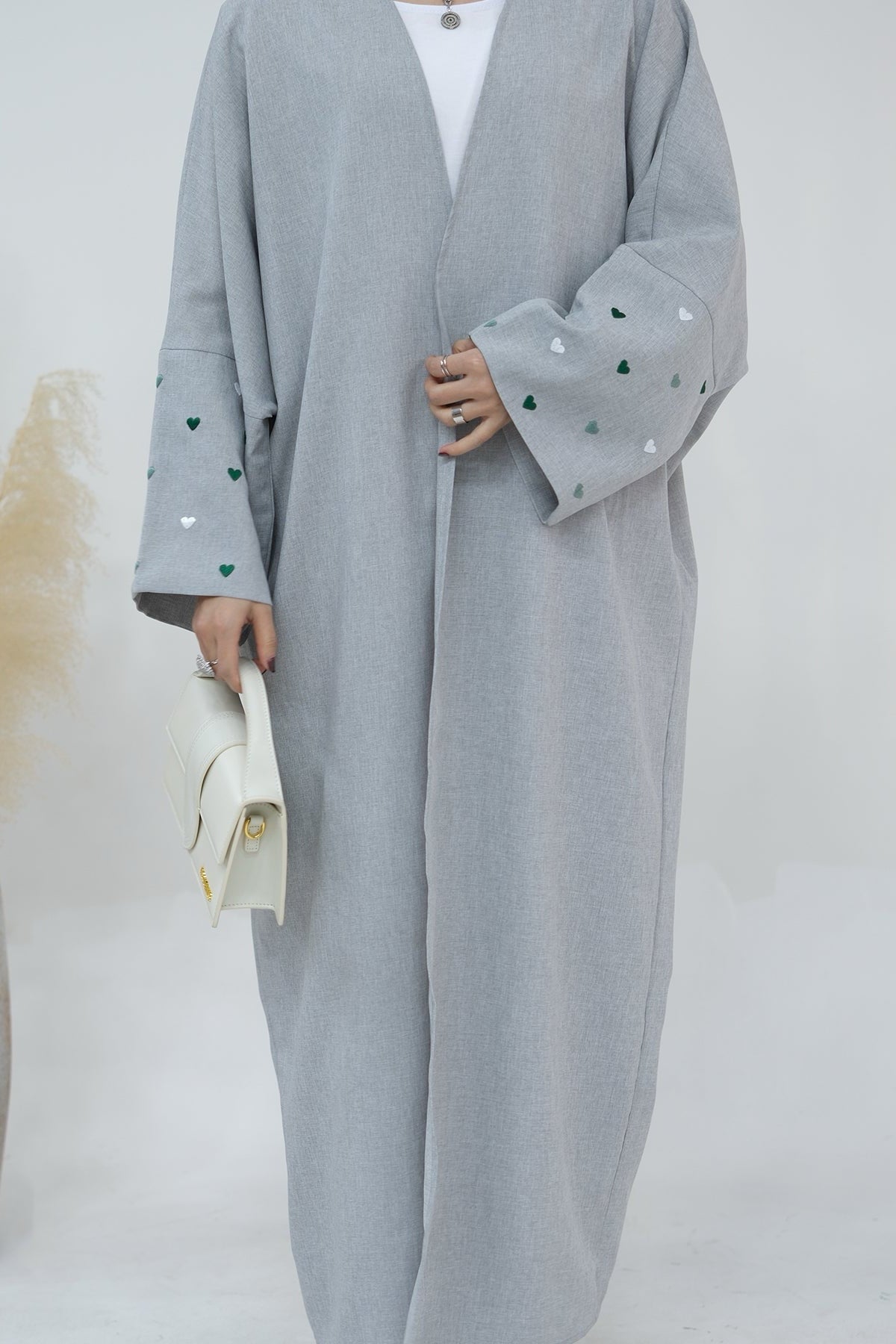 Hasna Heart Pattern Embroidery Linen Modest Open Abaya  712 - LightSteelBlue