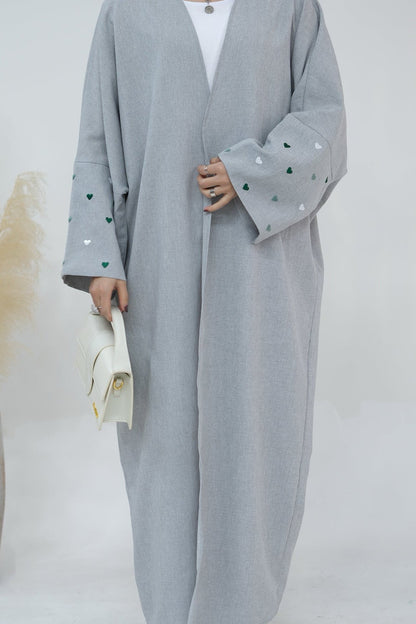 Hasna Heart Pattern Embroidery Linen Modest Open Abaya  712 - LightSteelBlue