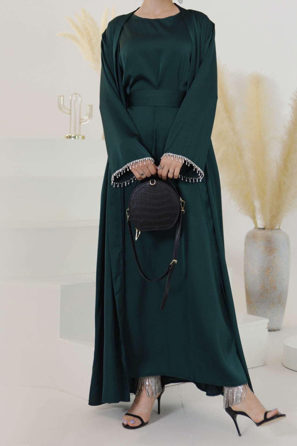 Luna 2PCS Crystal Beads Sleeves Satin Abaya Set with Crystal Chain - Dark Green