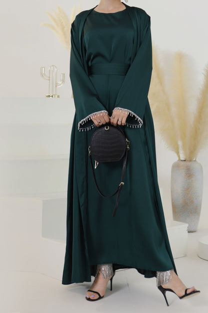 Luna 2PCS Crystal Beads Sleeves Satin Abaya Set with Crystal Chain - Dark Green