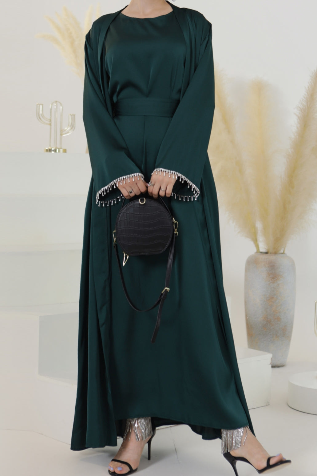 Luna 2PCS Crystal Beads Sleeves Satin Abaya Set with Crystal Chain - Dark Green