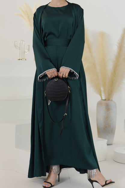 Luna 2PCS Crystal Beads Sleeves Satin Abaya Set with Crystal Chain - Dark Green