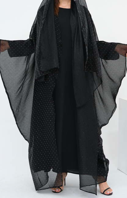 Luminous Sparkle-Drape Elegant Open Abaya 1026 – Black