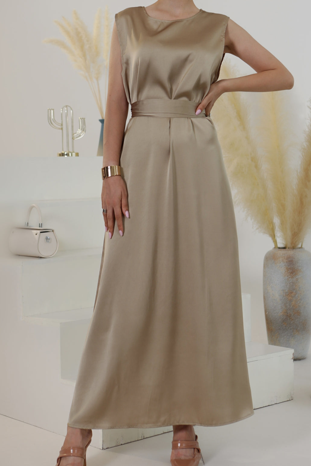 Luna 2PCS Crystal Beads Sleeves Satin Abaya Set with Crystal Chain - Khaki