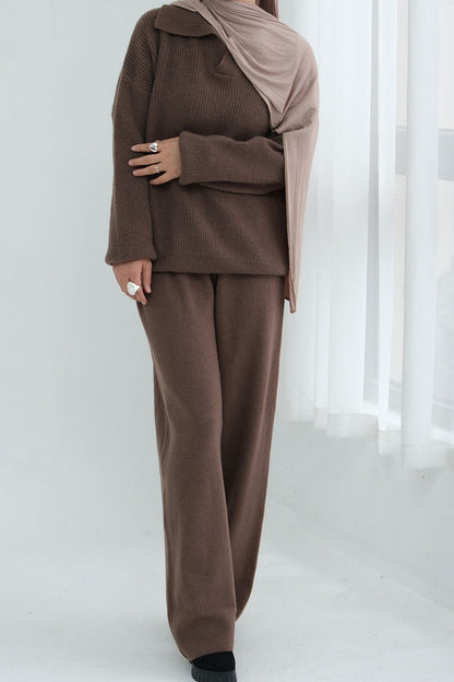 Monara Collared Thick-Knit Two-Piece Modest Set 008 – Coffee
