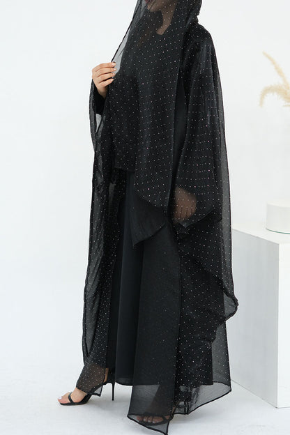 Luminous Sparkle-Drape Elegant Open Abaya 1026 – Black