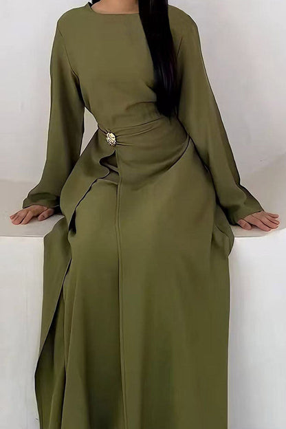 Velora Elegant Ruched Maxi Dress Abaya 1077 – Dark Green