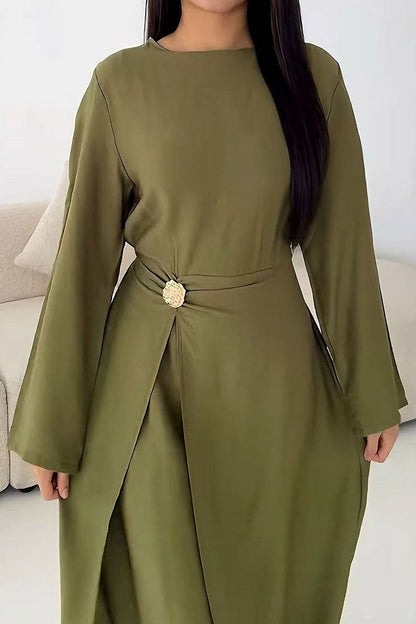 Velora Elegant Ruched Maxi Dress Abaya 1077 – Dark Green