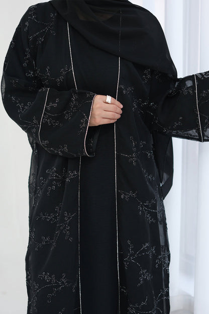 Meadowe Full Embroidered Mesh Open Abaya 1075 – Black