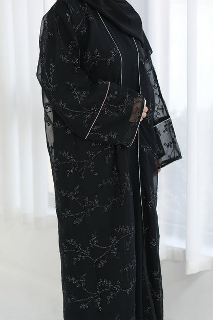 Meadowe Full Embroidered Mesh Open Abaya 1075 – Black