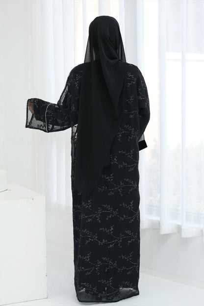 Meadowe Full Embroidered Mesh Open Abaya 1075 – Black