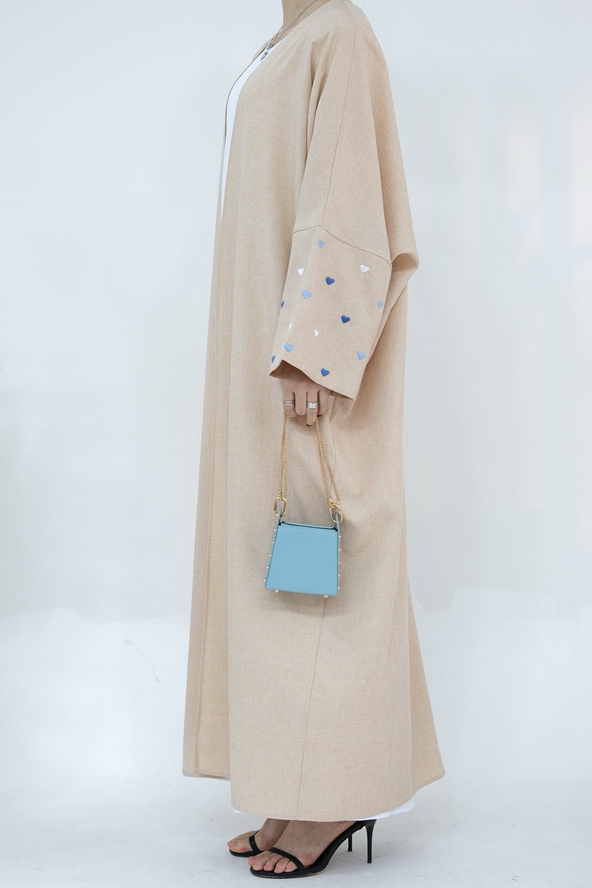 Hasna Heart Pattern Embroidery Linen Modest Open Abaya 712 - Khaki