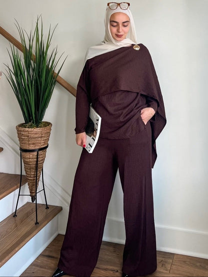 Samar 2-Piece Modest Matching Top + Pants Set 1034 - Coffee