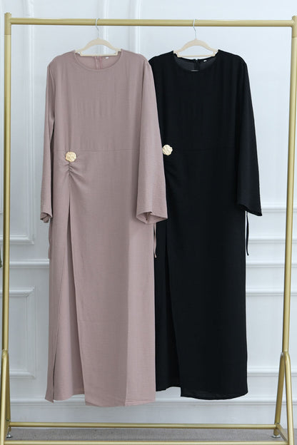 Velora Elegant Ruched Maxi Dress Abaya 1077 – Black