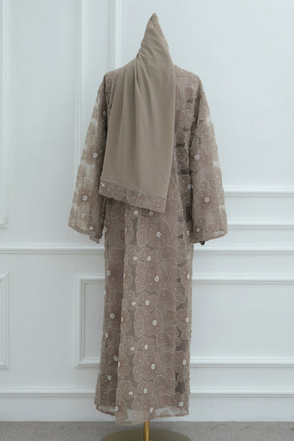 Auralis 3D Floral Beaded Mesh Open Abaya 1069 – Taupe