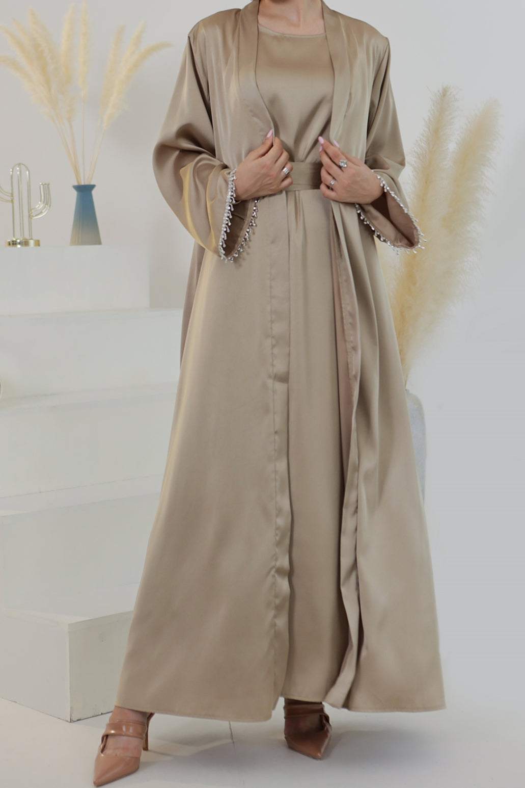 Luna 2PCS Crystal Beads Sleeves Satin Abaya Set with Crystal Chain - Khaki