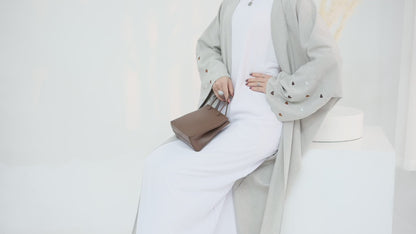 Hasna Heart Pattern Embroidery Linen Modest Open Abaya 712 - LightGray