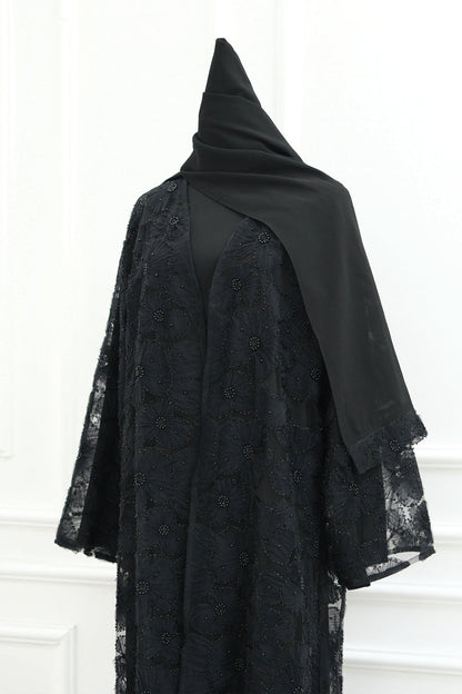 Auralis 3D Floral Beaded Mesh Open Abaya 1069 – Black