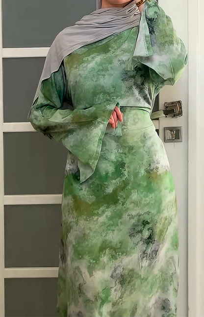 Ellora Printed Tie-Back Abaya Dress 1083 –  Green