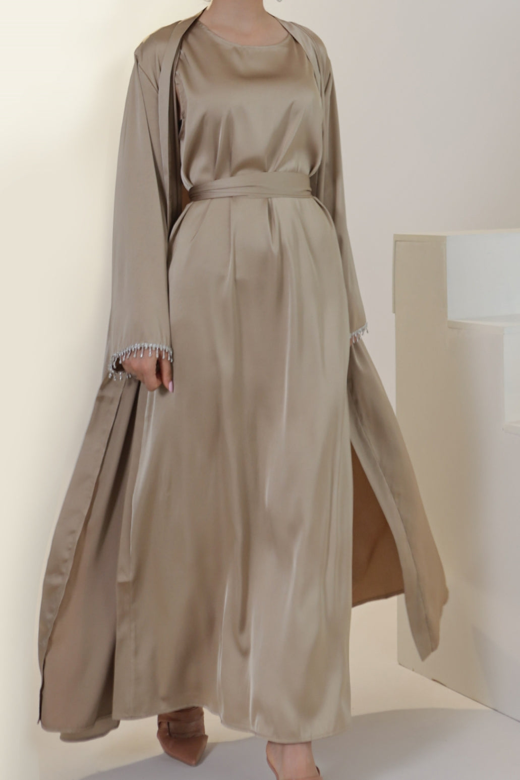 Luna 2PCS Crystal Beads Sleeves Satin Abaya Set with Crystal Chain - Khaki
