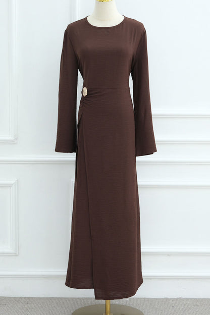 Velora Elegant Ruched Maxi Dress Abaya 1077 – Deep Coffee