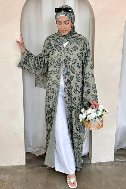 Salma Printed Double-Layer Chiffon Open Abaya with Hijab 1067-Light Green