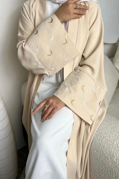 Najma Moon Embroidery modest open abaya with belt 785 - Beige