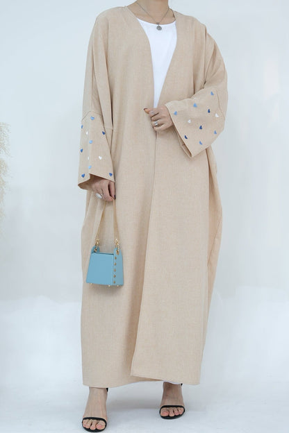 Hasna Heart Pattern Embroidery Linen Modest Open Abaya 712 - Khaki