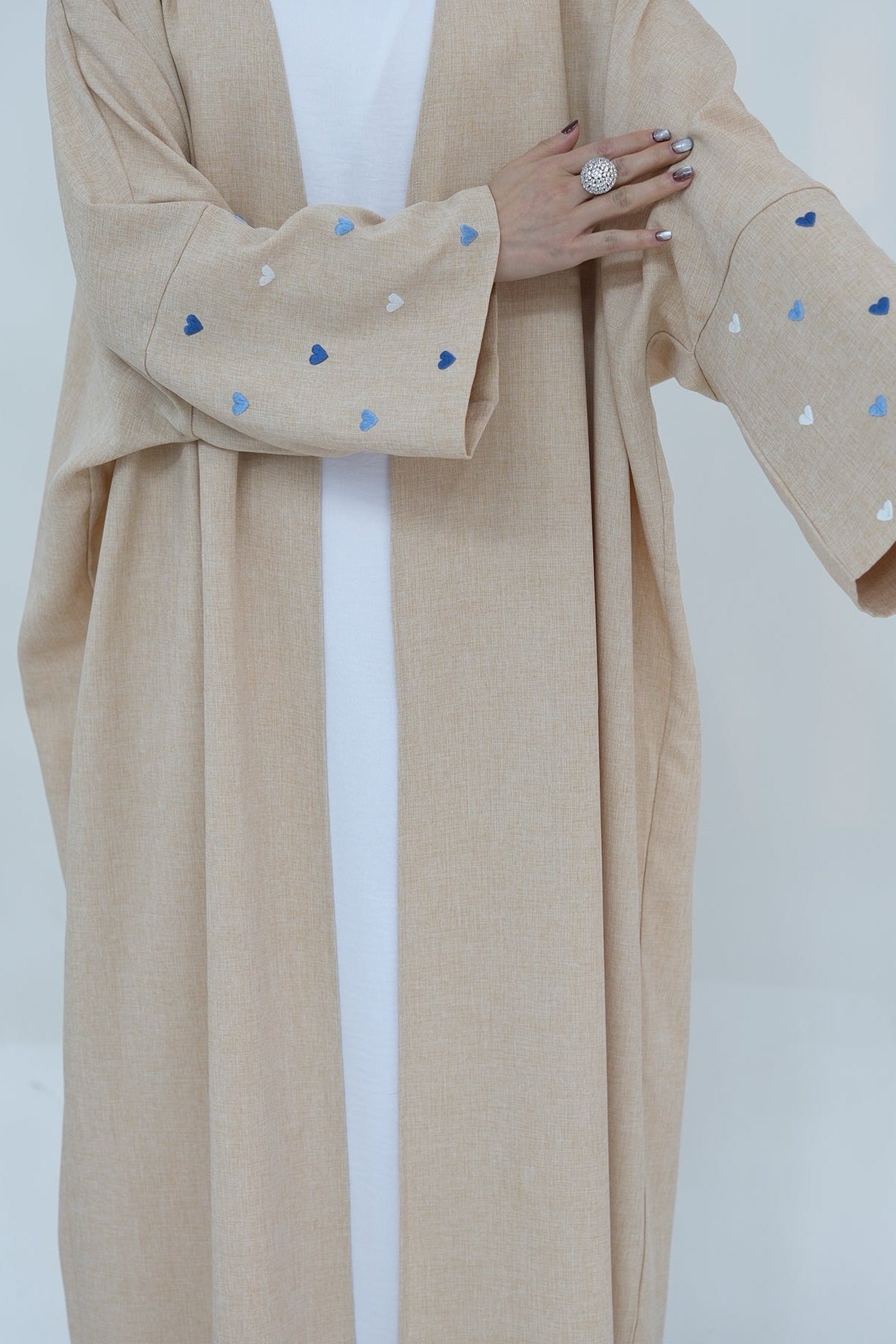 Hasna Heart Pattern Embroidery Linen Modest Open Abaya 712 - Khaki