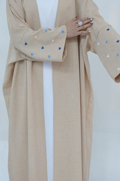 Hasna Heart Pattern Embroidery Linen Modest Open Abaya 712 - Khaki