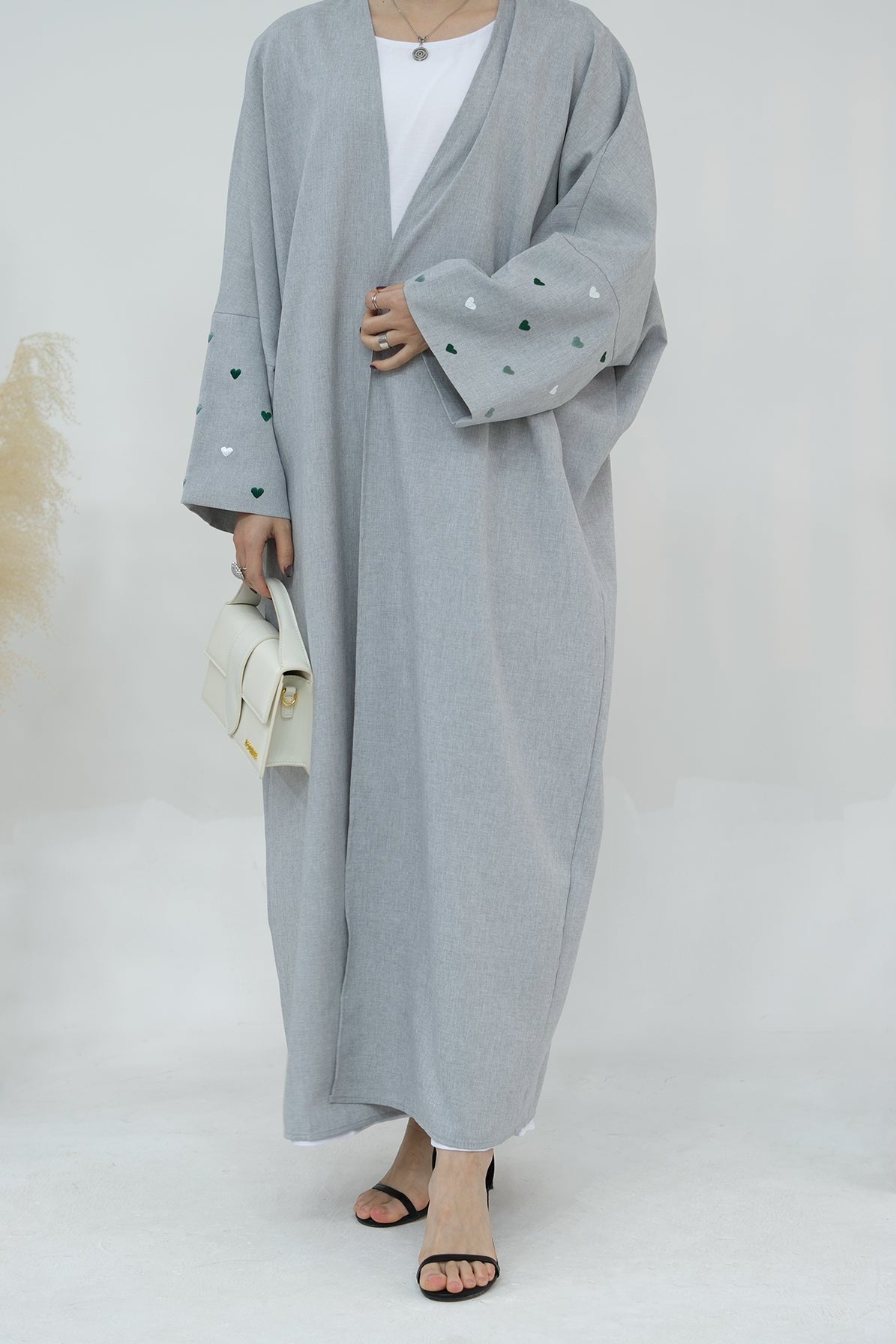 Hasna Heart Pattern Embroidery Linen Modest Open Abaya  712 - LightSteelBlue