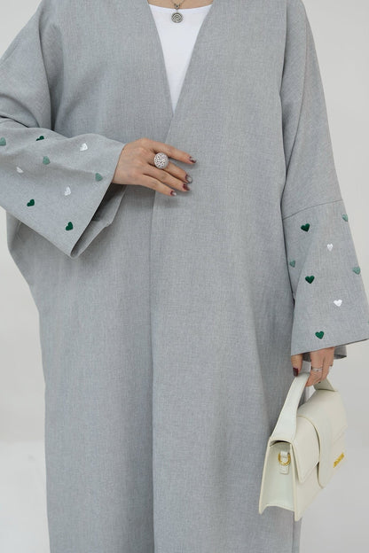 Hasna Heart Pattern Embroidery Linen Modest Open Abaya  712 - LightSteelBlue