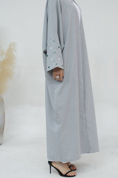Hasna Heart Pattern Embroidery Linen Modest Open Abaya  712 - LightSteelBlue